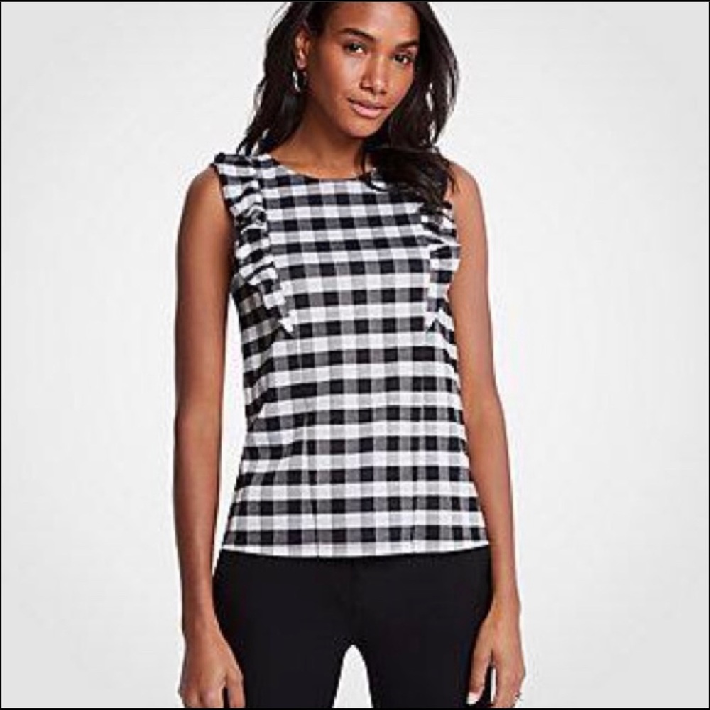 Ann Taylor Gingham Ruffle Shell Top - Picture 1 of 7